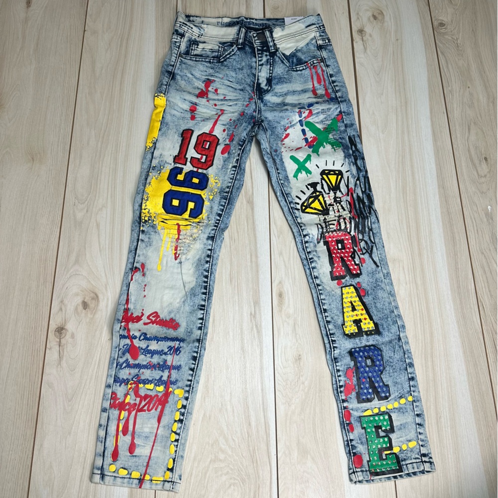 Rue21 Premium Y2K Supreme Flex Skinny Jeans Men's 26x30 Graffiti Paint Splatter